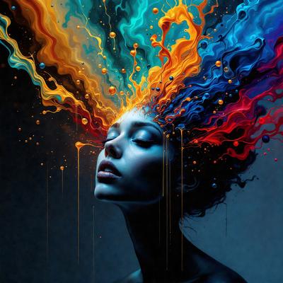 The primary subject of the image is a woman with a colorful, abstract head. She is surrounded by a vibrant, colorful background that includes a mix of blue, green, yellow, and orange colors. The visual style of the image is a combination of digital art and illustration, creating a unique and artistic representation of the woman's head. The overall atmosphere of the image is lively and energetic, with the woman's head as the focal point.